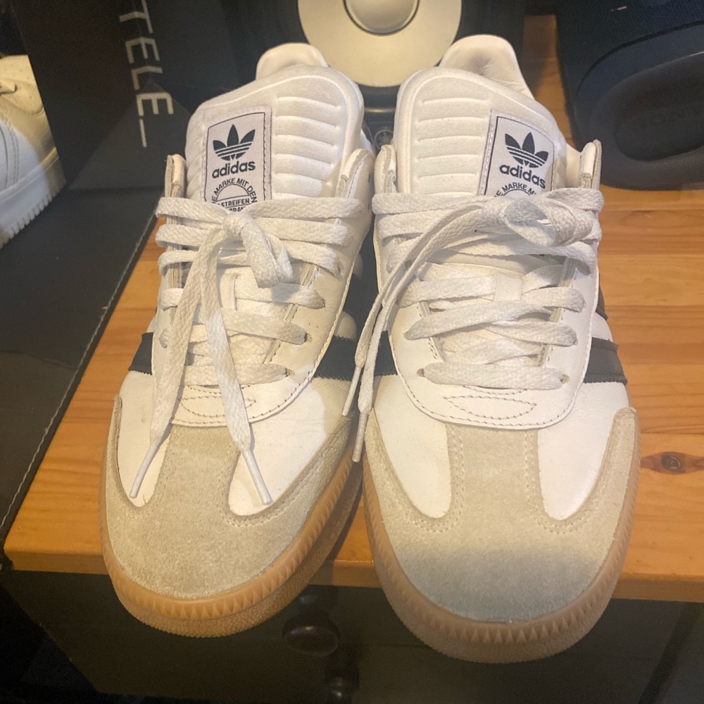 Adidas White and Beige Sneakers with Black Stripes